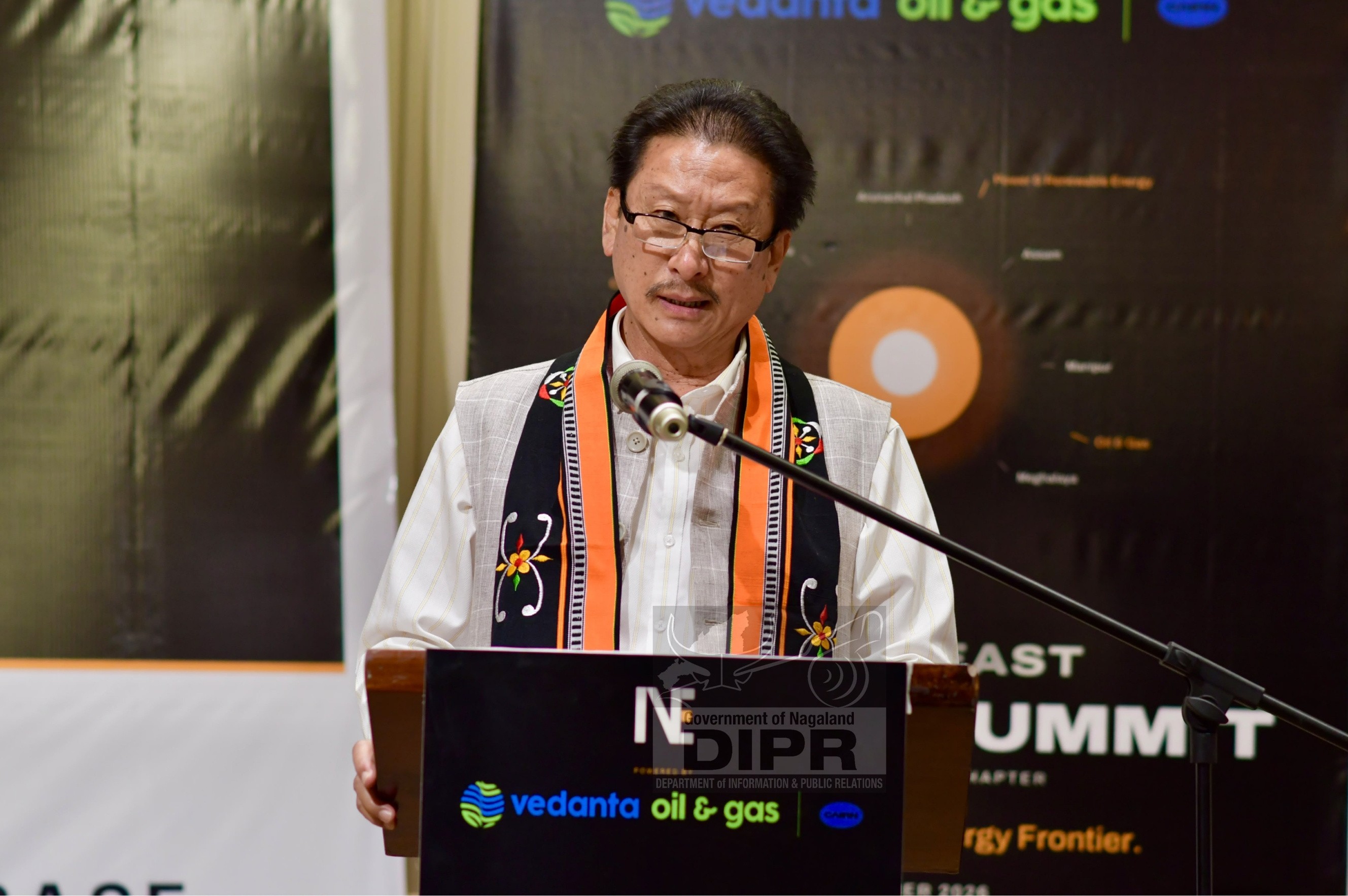 Minister of Power and Parliamentary Affairs, K.G. Kenye, addressing the summit of The North East Energy Summit 2026, held at The Niathu Zone, by Park, Chumoukedima on 30th October 2026. (DPRO Chumoukedima)