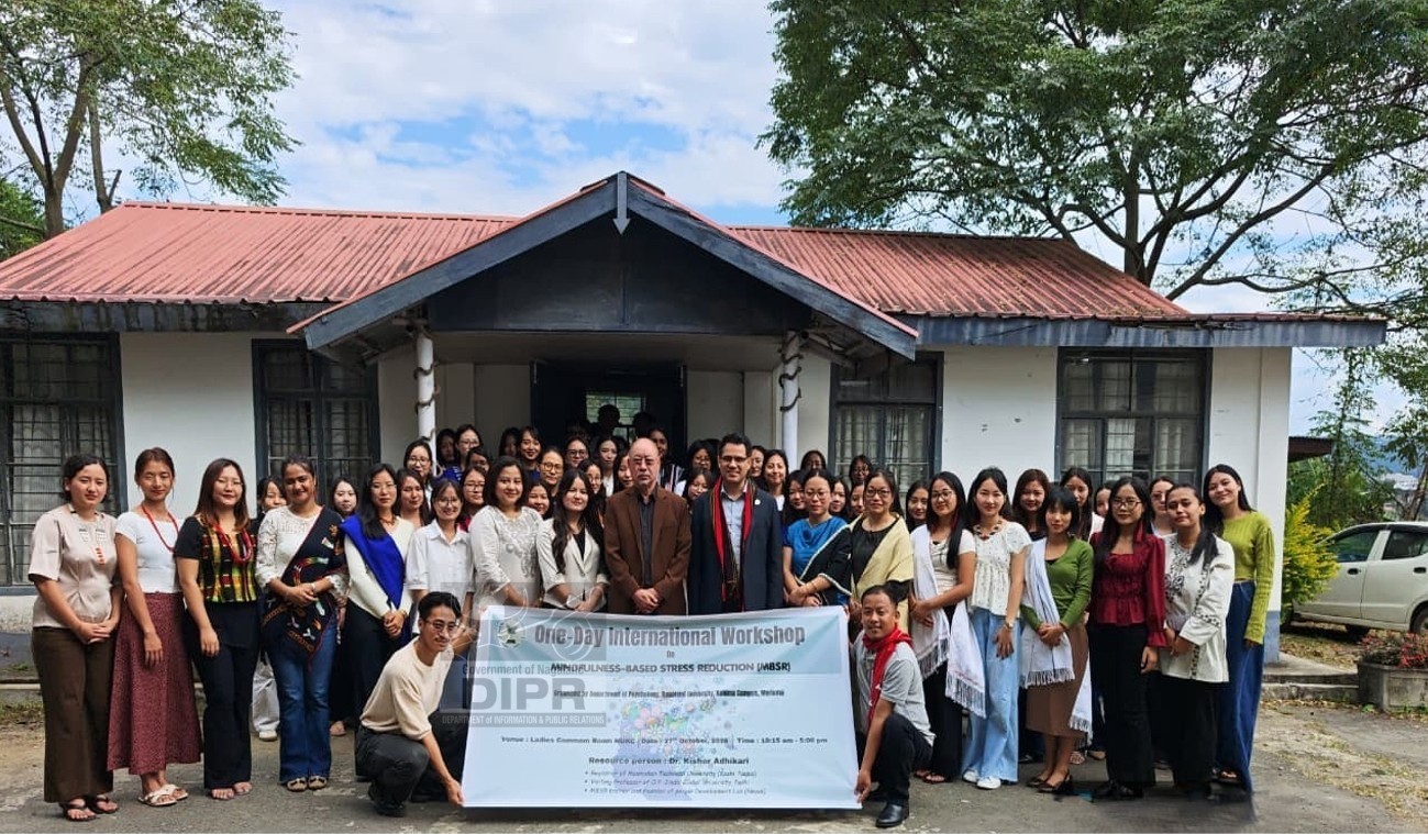 Resource person, Dr. Kishor Adhikari, along with students and faculty of the Department of Psychology, Nagaland University, at the one-day International Workshop held at Ladies Common Room, NU, Kohima Campus, Meriema, Kohima on 27th October 2026. (DIPR)