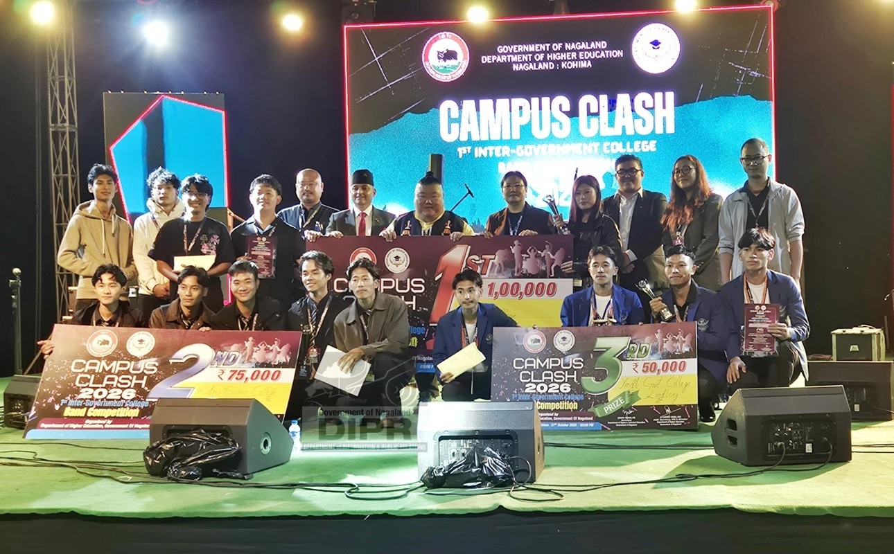 Minister of Tourism and Higher Education, Temjen Imna Along, along with other officials, organisers, sponsors, and winners of the Campus Clash 2026, the first Inter-Government Colleges Band Competition, at Riizhiikhrie GHSS Ground, Kohima on 27th October 2026. (DIPR)